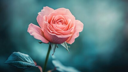 A delicate pink rose with green leaves against a soft, blurred background.