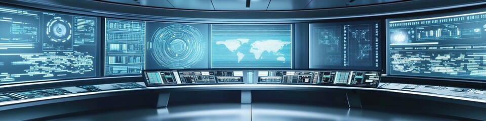 High-tech control room with multiple screens displaying data