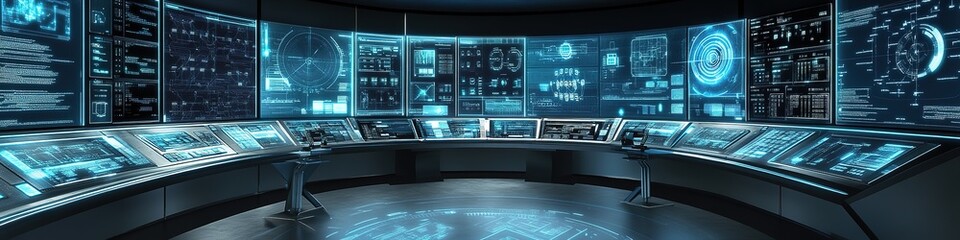 Futuristic control room with high-tech screens and interface