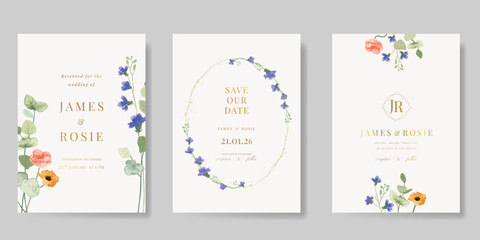 Elegant wedding invitation card background vector. Minimal hand painted purple and blue watercolor botanical flowers texture. Design illustration for wedding, vip cover, poster, rsvp modern card.