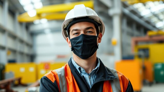 Industrial Worker in Hard Hat and Face Mask in Factory Setting, Perfect for Safety and Workplace Themed Content