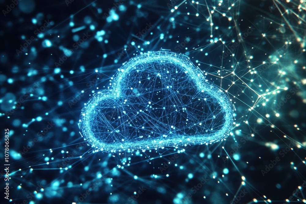 Poster digital illustration of cloud symbol with network of lines and nodes