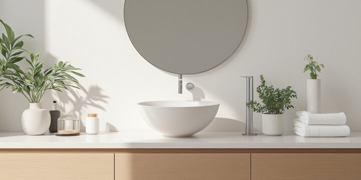 A clean and modern bathroom countertop featuring a stylish sink, mirror, and green plants, creating a serene atmosphere for lifestyle.