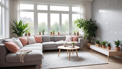 Scandinavian living room interior design zoom background,Doodle patterned wallpaper graphics