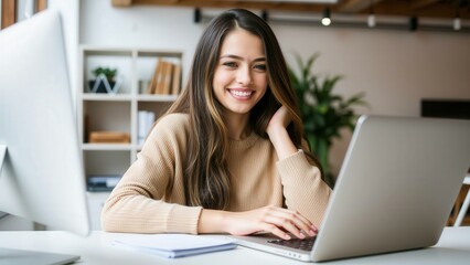 Fototapeta premium Smiling Young Woman Working on Laptop in Modern Office Space, Ideal for Business and Marketing Materials