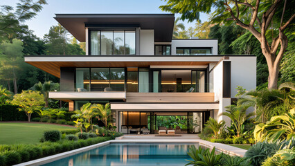 A modern luxury house with large glass windows and a pool, surrounded by lush greenery, showcasing contemporary architecture for real estate.