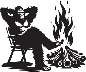 Bigfoot silhouette relaxing by a campfire arms behind head