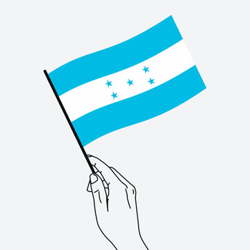 recommend clip art: Hand holding Honduras flag in line art drawing style. Honduras hand Flag waving. Vector illustration