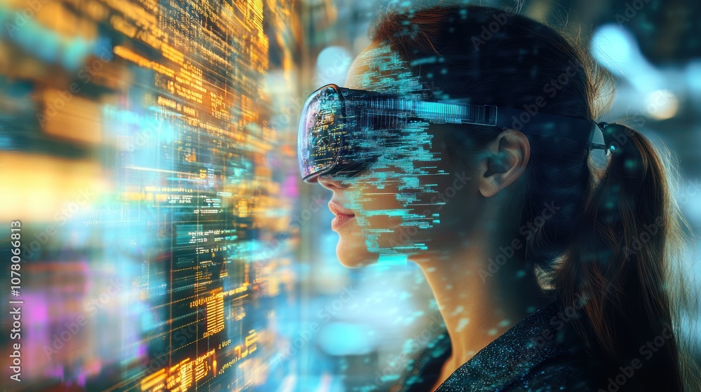 Poster a woman wearing vr goggles interacts with a digital interface displaying data streams.