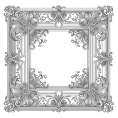 Vintage-inspired square frame with intricate line designs and corner flourishes. 