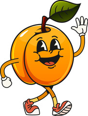 Cartoon groovy apricot fruit character with a leaf, waving cheerfully with retro vintage, y2k, hippie vibe. Isolated vector ripe, healthy organic fruit personage wears shoes and smile, gives off a fun