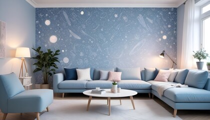 Scandinavian living room interior design zoom background,Doodle patterned wallpaper graphics