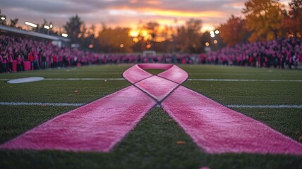 A pink ribbon on a sports field, symbolizing breast cancer awareness.