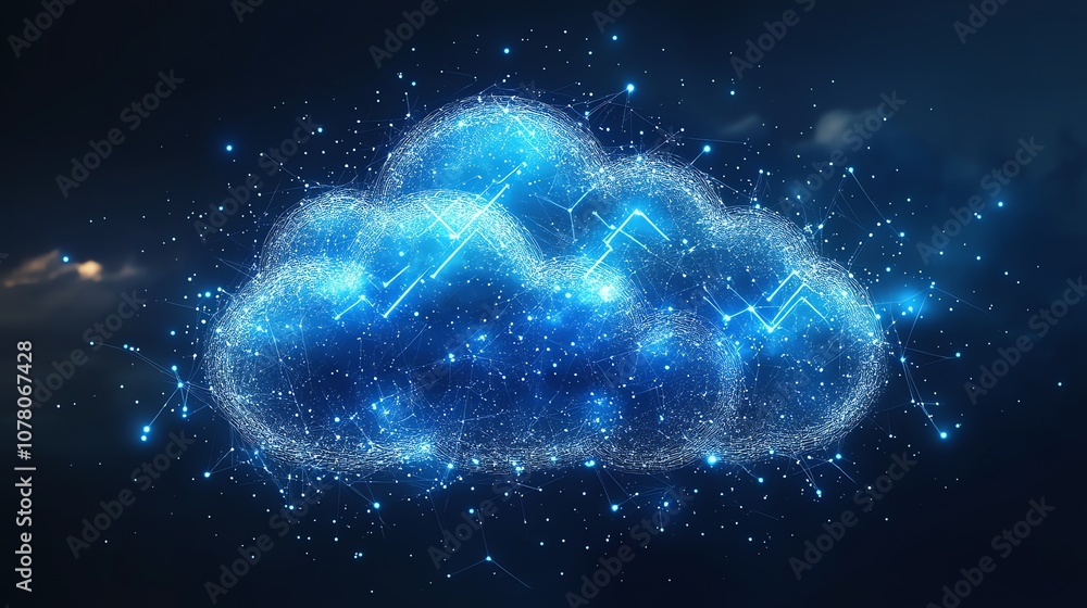 Poster a stylized cloud shape formed from glowing lines and points of light against a dark blue background.