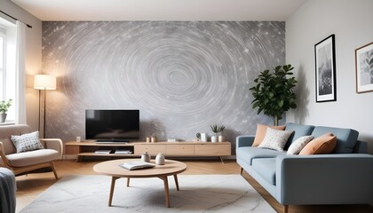 Scandinavian living room interior design zoom background,Doodle patterned wallpaper graphics