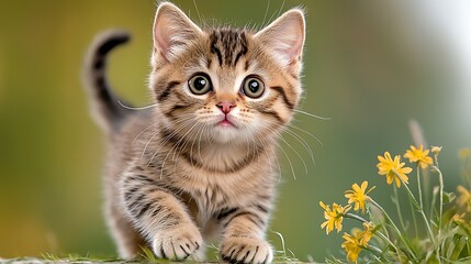 The small striped kitten, with its wide, curious eyes and tiny pink nose, looks directly at the camera with a playful expression, its whiskers twitching and its tail flicking in excitement.