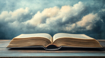 An open book lies on a rustic wooden surface, with its pages slightly turned, while soft clouds drift lazily across a tranquil blue sky, creating a peaceful atmosphere