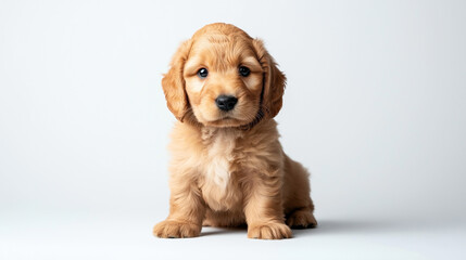 Fototapeta premium Adorable golden retriever puppy sitting against a plain white background, showcasing its fluffy fur and curious expression