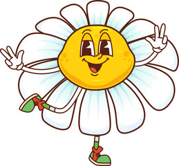 Groovy daisy chamomile flower character flashing peace sign. Cartoon vector charming hippie camomile blossom with white petals, cheerful expression and retro sneakers exudes playful summer retro vibes