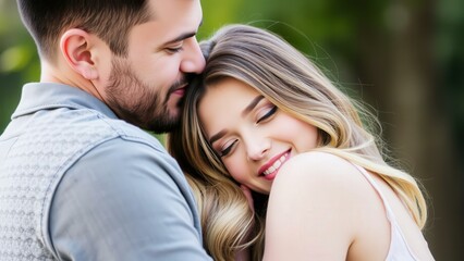 Fototapeta premium Romantic Couple Embracing in Lush Green Forest, Perfect for Wedding Invitations, Greeting Cards, or Wall Art