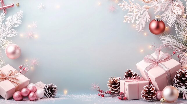 Weihnachtskarte mit Geschenken, Christbaumkugeln, Tannenzapfen und weihnachtlichen Elementen, Weihnachtlicher Rahmen in hellblau rosa rose