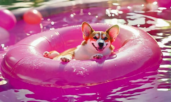 Corgi chilling in the pool. Pink glamor vibes.