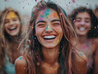 A group of friends laughing during Holi, brightly colored powders creating sharp contrast with the darker background