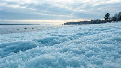 Fototapeta premium Frost-covered beach at dawn with a serene atmosphere