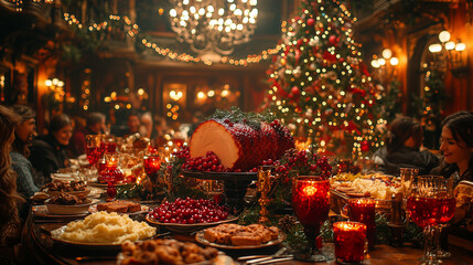 An elegantly set table with fresh dishes for a Christmas Eve dinner, featuring traditional holiday foods, candles, and festive decorations in a warm, inviting atmosphere.