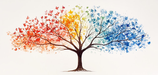 vibrant tree transitioning through seasons, showcasing colorful leaves and butterflies in watercolor. This artwork captures beauty of nature change