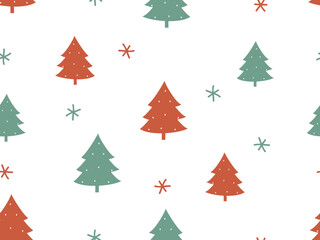 Christmas or New year seamless pattern with pine tree and hand drawn snowflakes on white background vector.