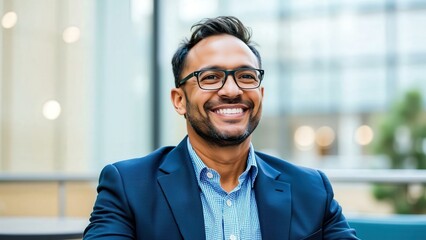 Obraz premium Professional Business Portrait of a Smiling Man in Glasses and Blue Suit, Perfect for Corporate Websites and Marketing Materials