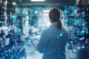 Woman analyzes futuristic holographic data.