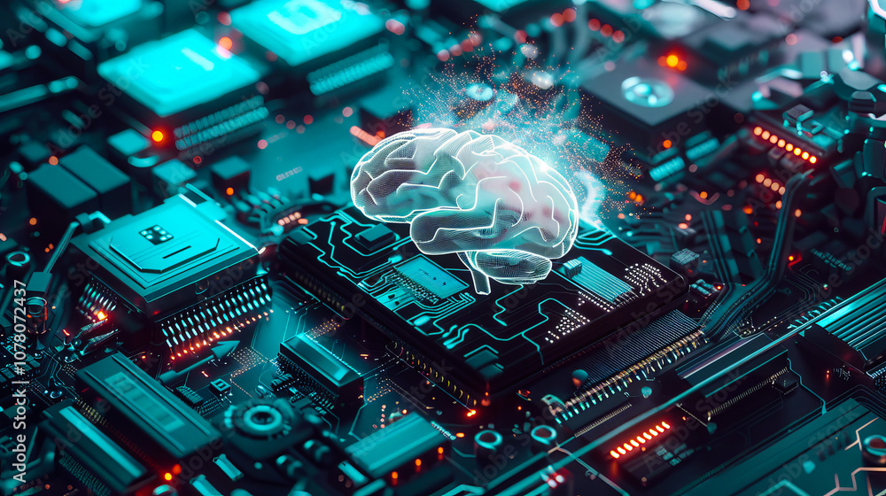 Poster detailed close-up of a circuit board featuring a holographic brain symbolizing artificial intelligen