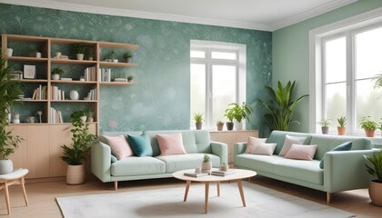 Scandinavian living room interior design zoom background,Doodle patterned wallpaper graphics