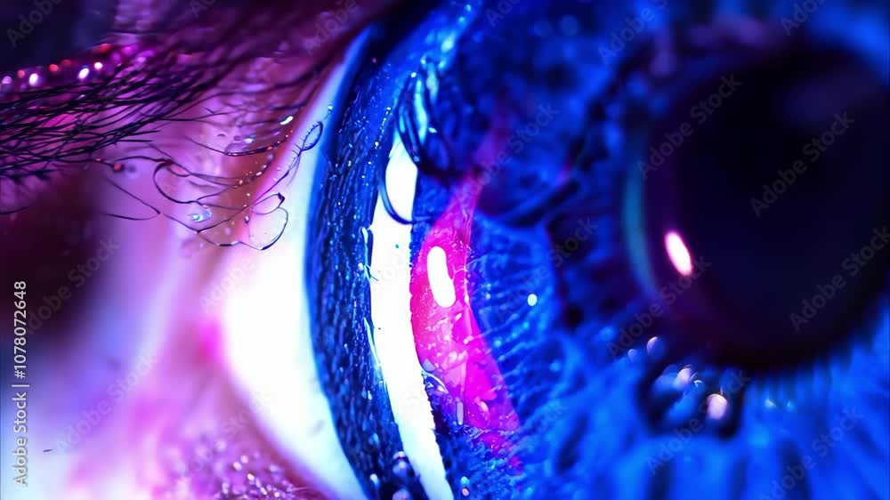 Poster a close-up of an eye with vibrant colors, showcasing intricate patterns and reflections, creating a 