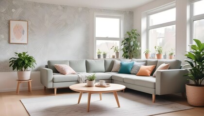Scandinavian living room interior design zoom background,Doodle patterned wallpaper graphics