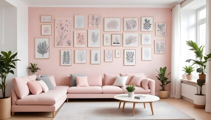 Scandinavian living room interior design zoom background,Doodle patterned wallpaper graphics