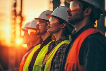 A group of diverse construction workers wearing safety gears standing in a glowing sunset