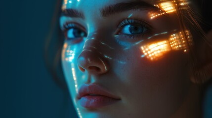 Futuristic Vision: Woman's Face Illuminated by Captivating Holographic Light Display Symbolizing Innovation and Technology