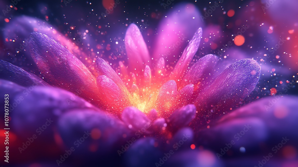 Poster a vibrant, abstract flower with glowing light and bokeh in the background.