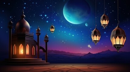 Naklejka premium Mystical Night Sky with Lanterns and Dome Structure