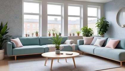 Fototapeta premium Scandinavian living room interior design zoom background,Doodle patterned wallpaper graphics