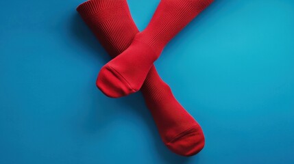 Two red socks positioned on a blue background, showcasing color contrast and textile design.