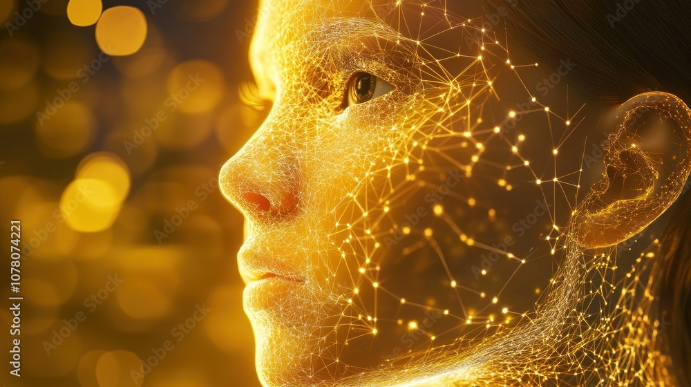 Poster a digital portrait of a person with a glowing, interconnected network of lines and dots.