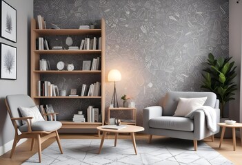 Scandinavian living room interior design zoom background,Doodle patterned wallpaper graphics