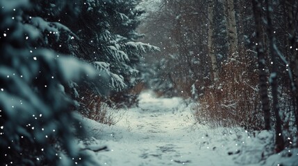 Front view of a forest path obscured by fresh snowfall and snow-heavy branches.