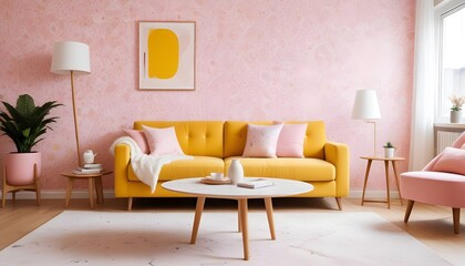 Scandinavian living room interior design zoom background,Doodle patterned wallpaper graphics