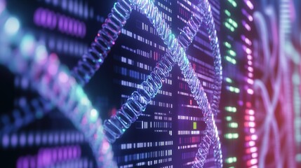 Glowing DNA helixes with binary code, concept of bioinformatics.