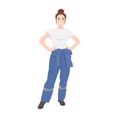 Young woman car technician in uniform standing with hands on her hips. Flat vector illustration isolated on white background